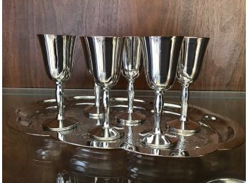Set Of 6 Pilgrim Silverplate Miniature Chalice Goblets With Unmarked Tray