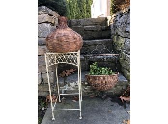 Iron Plant Stand, Wicker Wall Planter And Vase