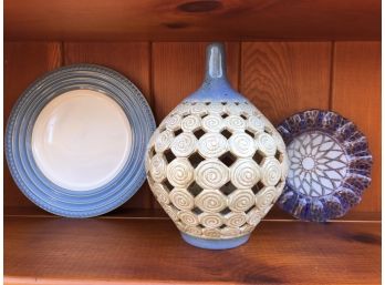 Decorative Lot - Mid Century Vase, Dansk Plate And Glass Ruffled Edge Bowl