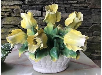 Italian Capodiomonte Ceramic Yellow Tulips Basket