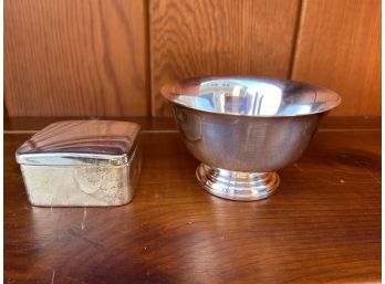 Silverplate Trinket/Pillbox Monogrammed E And Paul Revere Repro Bowl