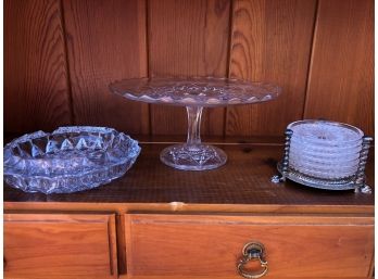Vintage Crystal Coasters With Silverplated Stand, Crystal Ashtray And Pedestal