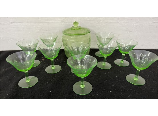 Eleven Piece Lot Of Green Depression Glass