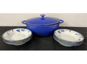 Cast Iron And Enamel Casserole And Eight Dansk Blue And White Bowls