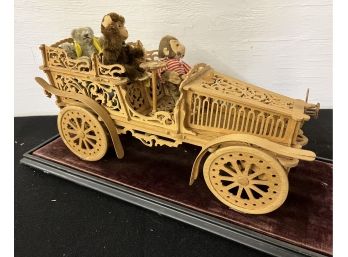 Wooden Carved Vintage Automobile With One Steif Bear