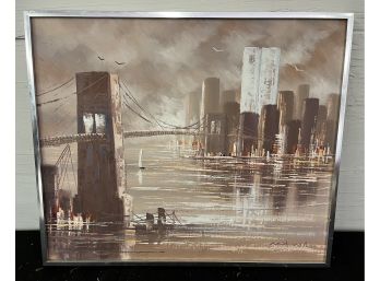 Contemporary Framed Oil On Canvas Cityscape Signed