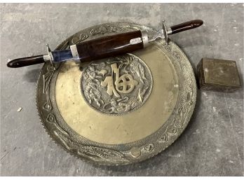 Brass Charger, Carving Set, And Small Brass Box