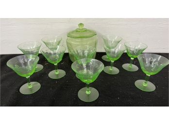 Eleven Piece Lot Of Green Depression Glass