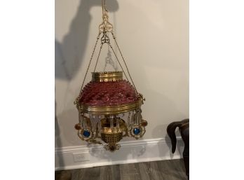 Antique Handblown Glass W/Brass Oil Lamp Chandelier 1800s