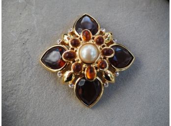Vintage Joan Rivers Amber Topaz , Faux Pearl  Gold Tone Flower Brooch Pin