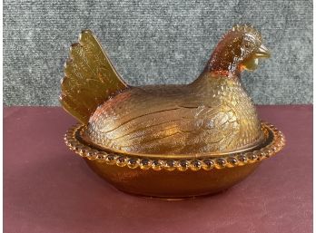 Vintage Amber Glass Hen On Nest Covered Dish