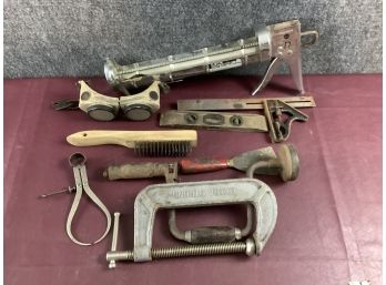 Misc Tool Lot Caulk Gun , Bit Brace, Clamp , Level