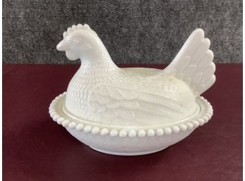 Vintage Milk Glass Hen On Nest Covered Dish