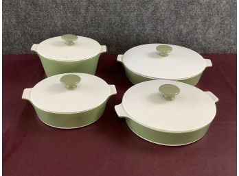 Set Of 4 Green And White Corning Ware Dishes With Lids