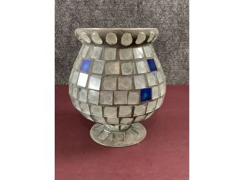 Glass Bowl Clear And Blue Squares Pattern