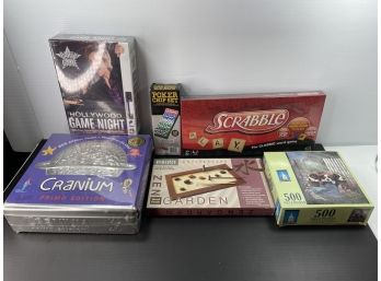 Game Night - Cranium , Hollywood Game Night , Scrabble , Poker Chips ,Homedics Garden Zen And 500 Piece Puzzle