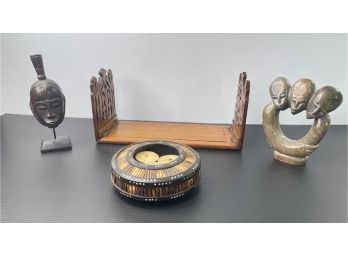 African Decor Marble And Wood , Carved Book Holder , Bamboo And Metal Tea Light Burner