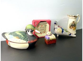 JFK Ceramic Pitcher . Ducks . Mexican Decor Bird . Cat Trinket Box . Special Grandma Dish