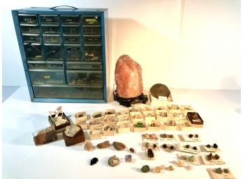 Crystals , Gemstones, Pyrite , Salt Lamp . 21 Plastic Drawer Metal Storage Box