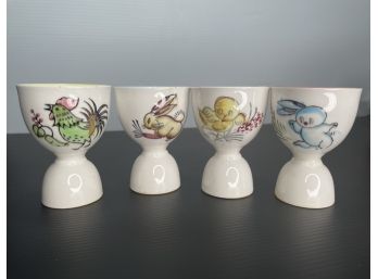 4 Vintage Japan Egg Cups Easter Bunny Chick Rabbit Kitsch Cute Blue Green Pink Yellow