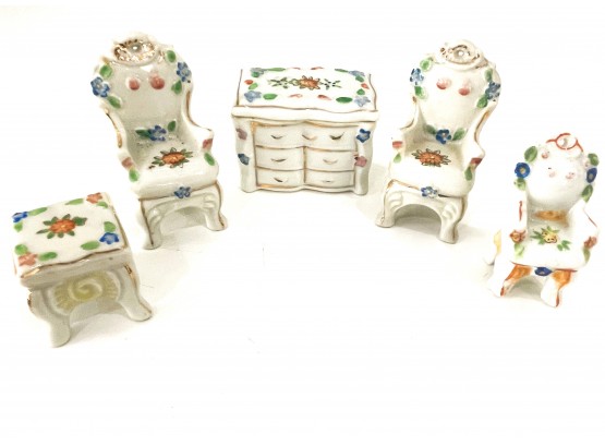 Occupied Japan Three Chairs, Table  And A Chest Of Drawers- Miniature Doll House Furniture And Trinket Box