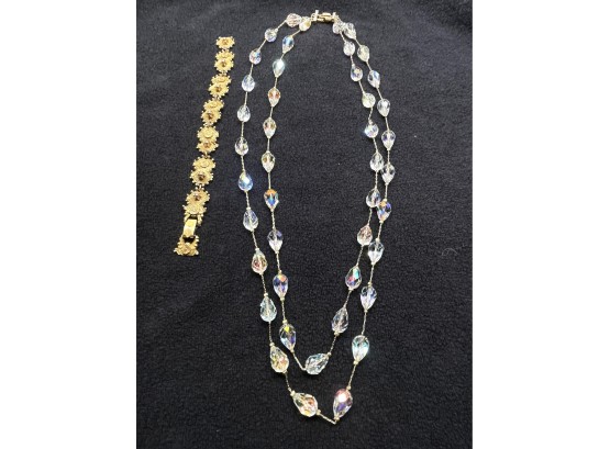 Vintage Vendome Aurora Borealis Crystal Bead & Gold Tone Necklace And Florenzia Bracelet