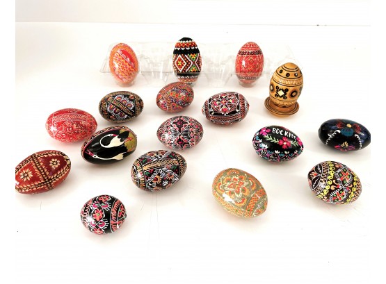 Seventeen Hand Made/ Painted Decorative Eggs- Sixteen Wood, One Beaded