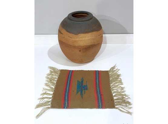 Contemporary Stoneware Vase And Chimayo Weaving From New Mexico, Circa 1980