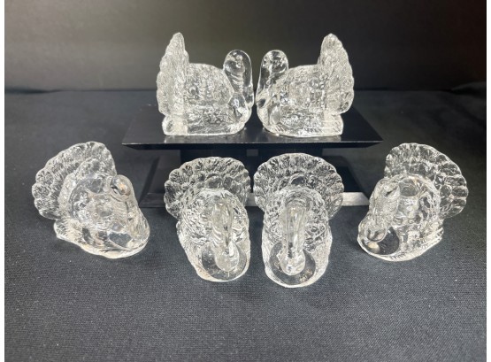 Miniature Clear Pressed Glass Turkey Candle Holders- Set Of Six