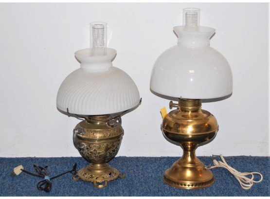 Duo Of Vintage Brass Table Lamps With Milk Glass Shades