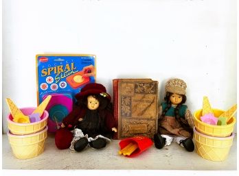 1897 The Practical Speller Book,  Mc Donald's  Fries, Two Small Dolls, Pocket Spiral Sketch Toy & More