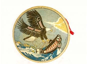 Vintage Northwest Coast Haida Drum,Signed Clarence A Wells- Native American Eagle Fish Design