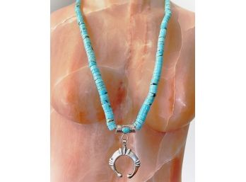 1970's Navajo Turquoise Necklace With Silver Naja Pendent- Signed By Nancy Custer