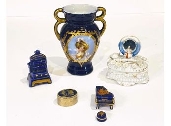 Mixed Porcelain Lot With Limoges Grand Piano And Stool, Unmarked Trinket Boxes, Miniature Stove And Small Vase