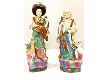 1900- 1950's Chinese Porcelain Figures- Male Diety With Red Crowned Crane & Farmer Woman With Goat