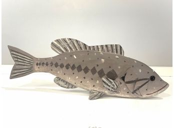 Signed Carved Wood With Metal Fins, Decorative Fish