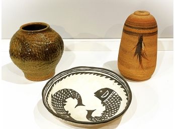 Contemporary Pottery And Stoneware- Two Beautiful Vases And A Bowl In The Style Of Mimbres Tribe