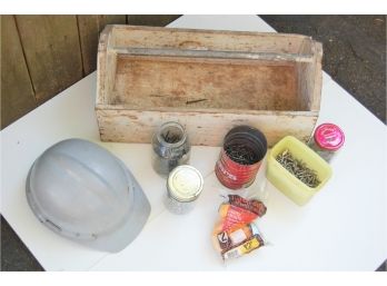Vintage Wooden Toolbox With Contents, Construction Hat And More