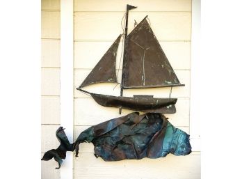 Amazing Large Vintage Patinaed Copper Sailboat On Wave- Custom Made Art Piece
