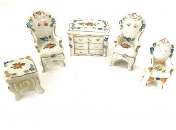 Occupied Japan Three Chairs, Table  And A Chest Of Drawers- Miniature Doll House Furniture And Trinket Box