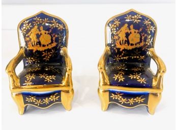 Pair Of Miniature Cobalt Blue With Gold Gilding, Courting Couple Arm Chair Trinket Box, Limoges France