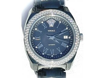 Versace- Black DV One Diamond Studded Bezel, Automatic Swiss Made Sapphire Crystal Watch With Ceramic Band