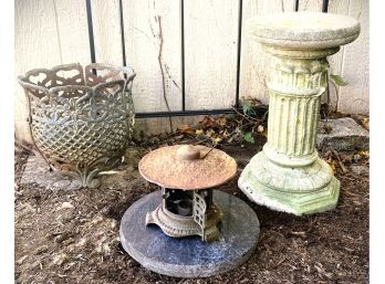 Vintage Garden Beauties- Cement Pedestal, Pagoda, Cast Iron Planter And A Marble Base