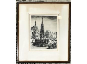 1920's Signed, Copper Plate Architectural Print- Nuremberg Germany, Church Of Our Lady & Schoner Brunnen