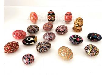 Seventeen Hand Made/ Painted Decorative Eggs- Sixteen Wood, One Beaded