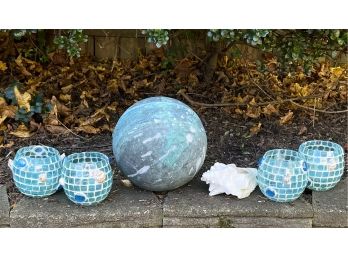 Decorative Accent Pieces- Four Aqua Glass Candle Jars By Nantucket, Custom Metal Ball And Conch Shell