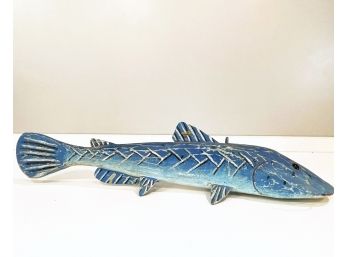 Signed 1987 Carved Wood With Metal Fins, Decorative Fish