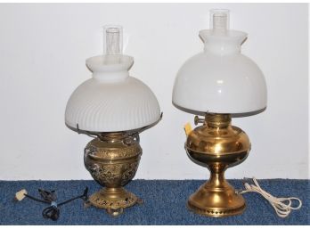 Duo Of Vintage Brass Table Lamps With Milk Glass Shades