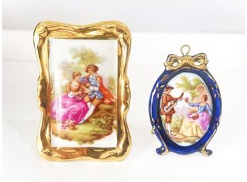 Two Vintage Limoges, Fragonard Courting Couples- Miniature Porcelain Pictures With Gold Gilding On Edge