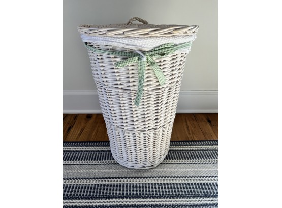 Wicker Hampter Basket With Green Gingham Bow And White Laundry Bag Insert